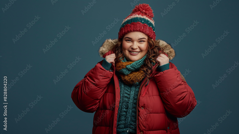 A plus-size model in a cozy winter coat and hat, posing with a festive smile. , studio background, smiling and posing A plus-size model in a cozy winter coat and hat, posing with a festive smile. , studio background, smiling and posing