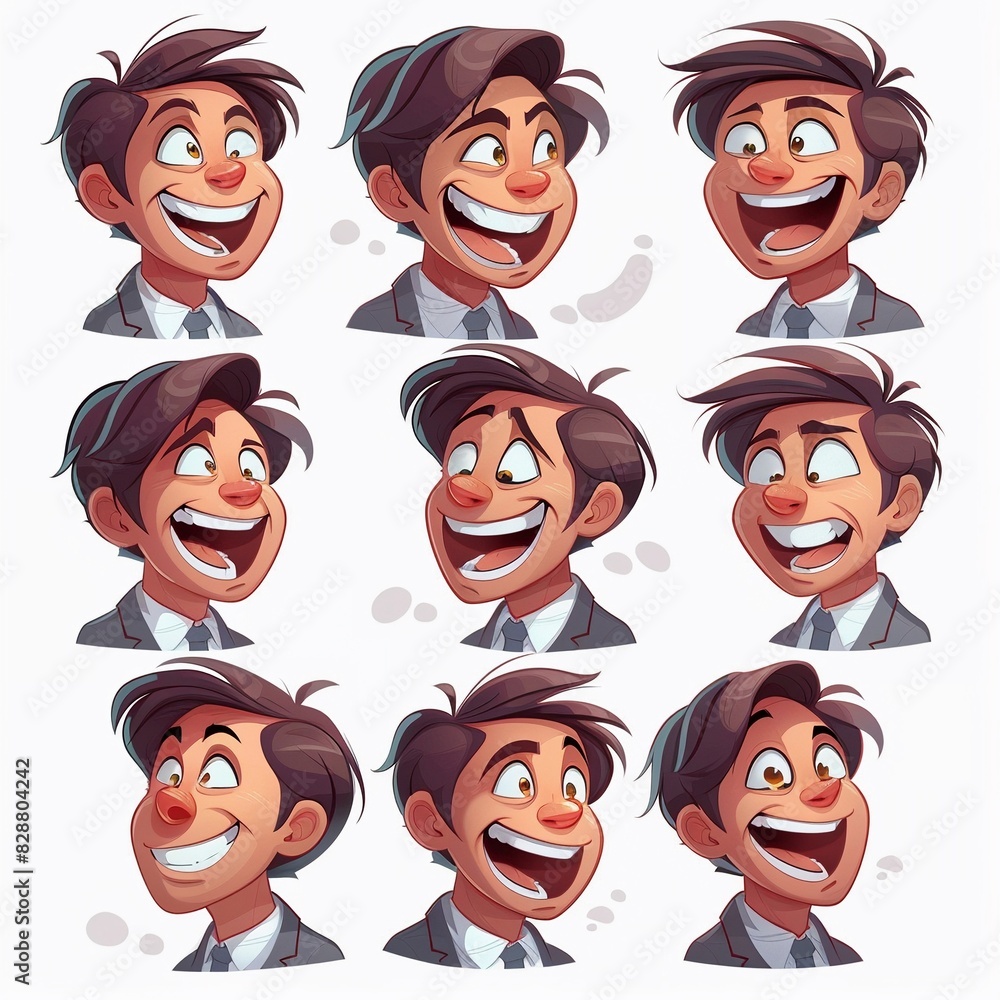 set of funny businessman avatar with multiple laughing faces, game asset set of funny businessman avatar with multiple laughing faces, game asset