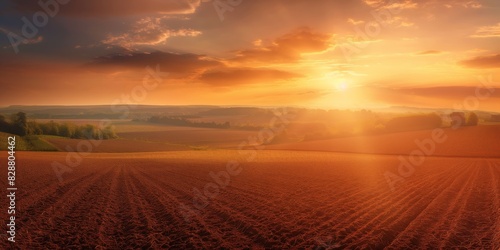 A scenic view of farmland with furrows leading to a dramatic sunset over rolling hills photo