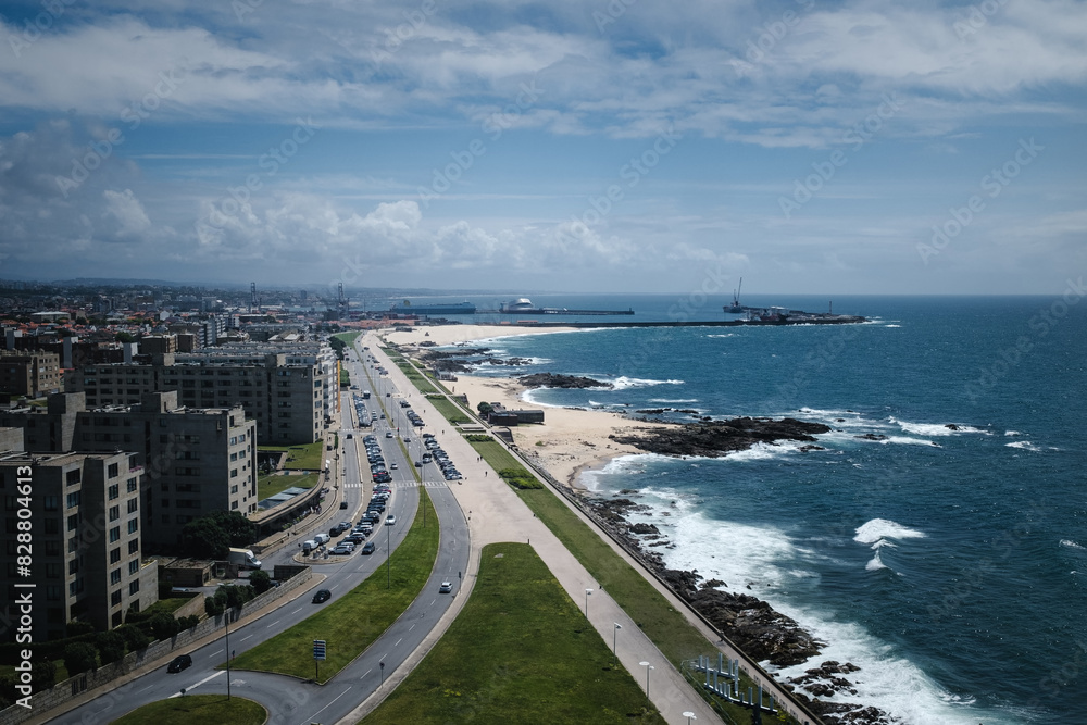 The view from the Leca da Palmeira Lighthouse in Portugal offers a stunning panorama of the coastline and Matosinhos, capturing the essence of coastal beauty.