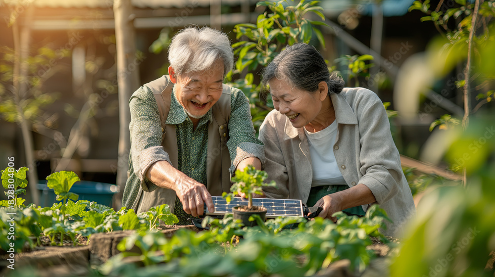 Elderly Asian Women Enjoying Gardening Together in Sunlit Vegetable Patch Elderly Asian Women Enjoying Gardening Together in Sunlit Vegetable Patch