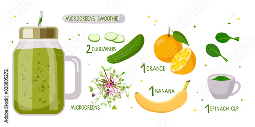 Healthy micro green smoothie. Detox smoothies with micro greenery. Glass jar with smoothie and ingredients for cooking. Flat cartoon vector illustration For cafe menu, store. Organic raw shake recipe