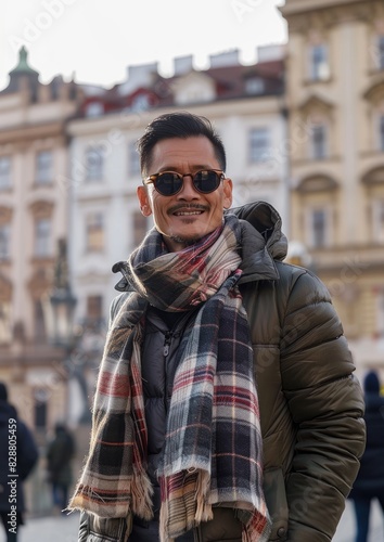 Un apuesto hombre mitad asiático de 40 años en Praga, vistiendo una chaqueta, con un cuerpo fuerte, gafas de sol, una bufanda, sonriendo, con los edificios de Praga de fondo.        © Julio