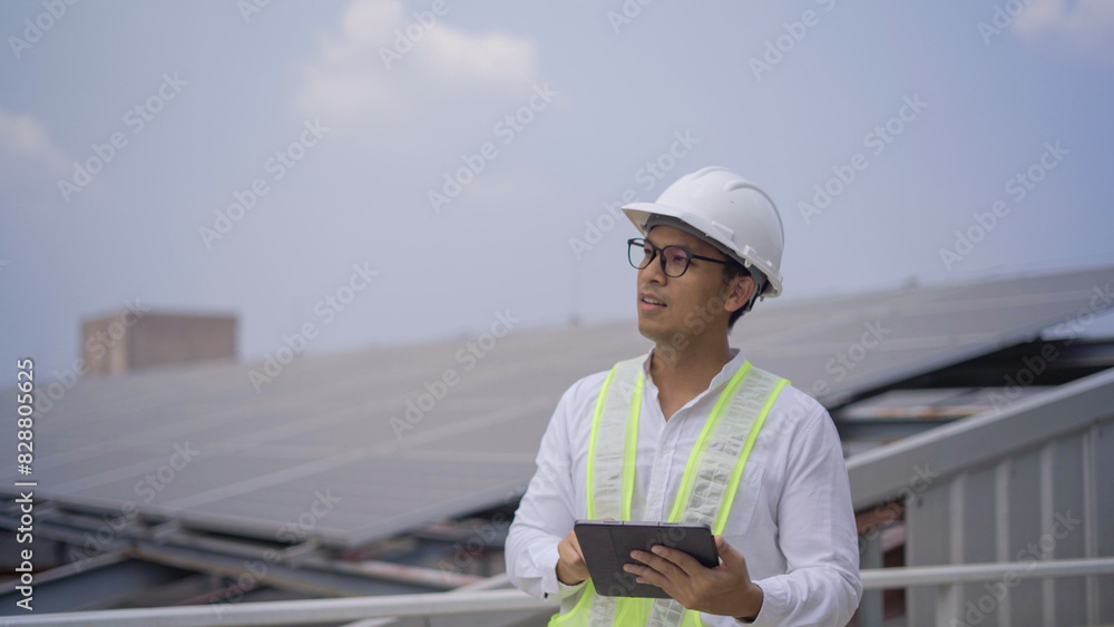 An engineer wearing a helmet and reflective vest holds a tablet and points while inspecting solar panels installed on a rooftop. An engineer wearing a helmet and reflective vest holds a tablet and points while inspecting solar panels installed on a rooftop.