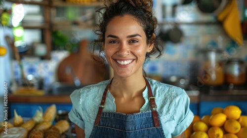 Una mujer brasileña feliz llevando un delantal de chef turquesa dentro de una acogedora cocina, donde podemos ver un mostrador con mazorcas de maíz, pastel de maíz y porridge de maíz.






 photo