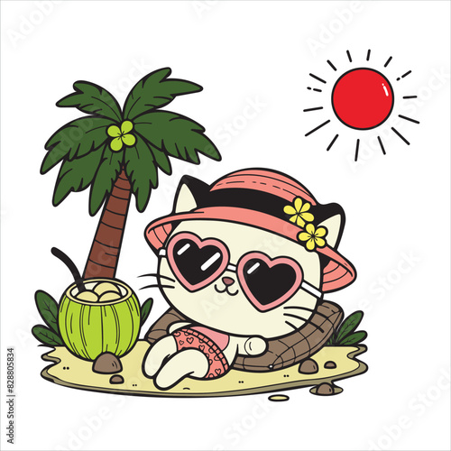 Cute cat wearing sunglasses and a beach hat, sunbathing on the sand with coconut tree in the background.