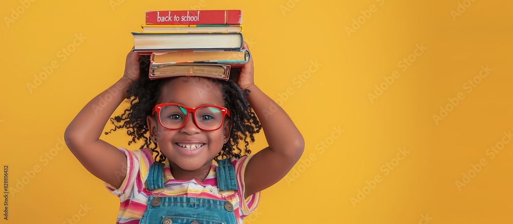 Black Child School Girl with Glasses Grins, Balancing Books on Her Head ...