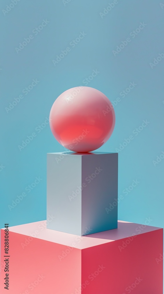 Pink and blue pastel podiums with pink sphere on top of them. Pink and blue pastel podiums with pink sphere on top of them.