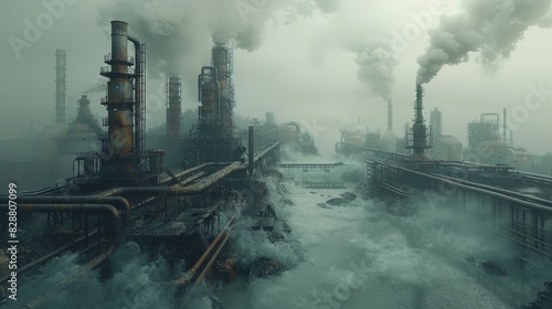 A polluted industrial area with smoke and steam coming out of the factories