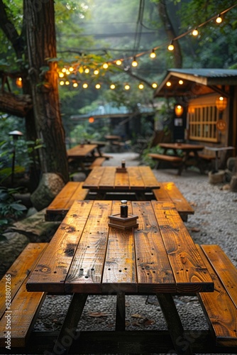 wooden table in a rainy forest cafe and restaurant for product display 