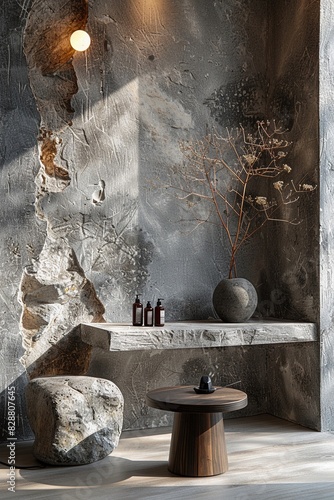 luxury rustic wooden table with dark cement wall background for product display 