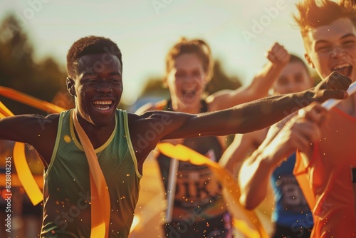 Relay Race Team Crossing Finish Line Together Celebrating Victory Enthusiastically