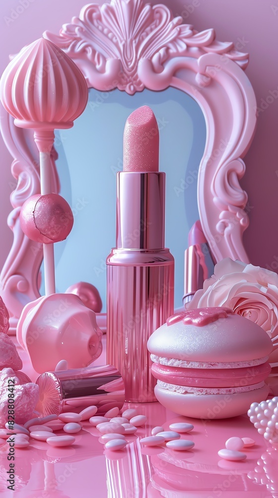 The image shows a pink background with a mirror, a lipstick, a macaroon, and some other objects. The objects are all pink and the image has a very soft and feminine look. The image shows a pink background with a mirror, a lipstick, a macaroon, and some other objects. The objects are all pink and the image has a very soft and feminine look.