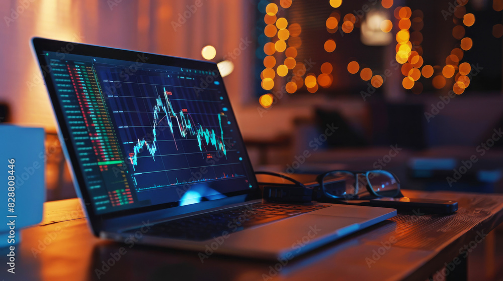 Laptop showing stock market analysis in cozy evening setting Laptop showing stock market analysis in cozy evening setting