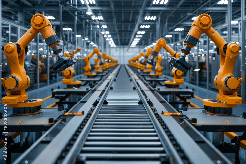 Conveyor belt system with robotic automation in factory setting