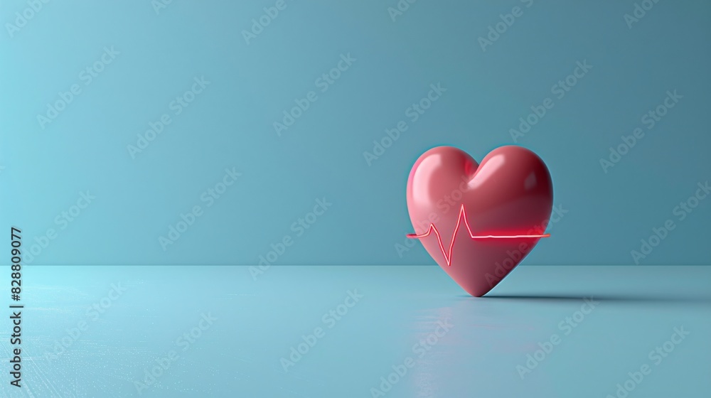 A red heart with an electrocardiogram line on a blue background ...