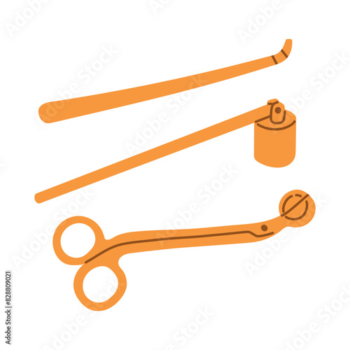 Hand drawn candle accessory vector set. Doodle trimmer, wick dipper and snuffer