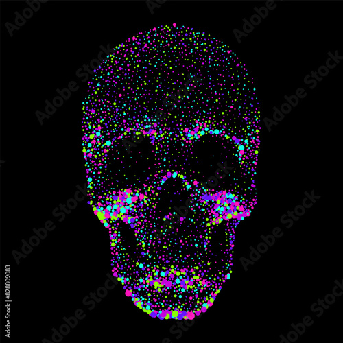 Vector vibrant dotted skull art with colorful particles against black background. Bright neon color pixel contemporary graphic art. 
