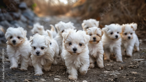 A group of fluffy white puppies walking outdoors. © connel_design