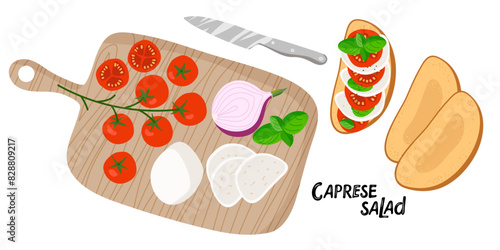 Italian Bruschetta. Cooking vegetarian open sandwich. Slicing tomatoes and mozzarella on chopping board. Cooking process on white background. Design for menu cafe, cooking class, recipe, cookbook.