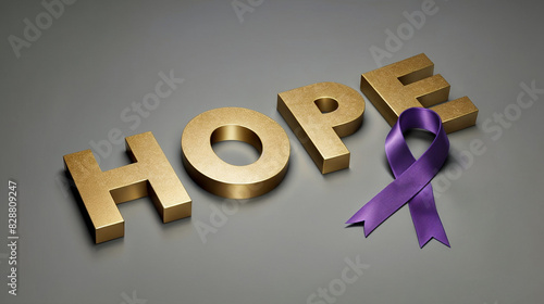 3d render illustration of text word Hope is spelled out in gold letters with a purple ribbon next to it