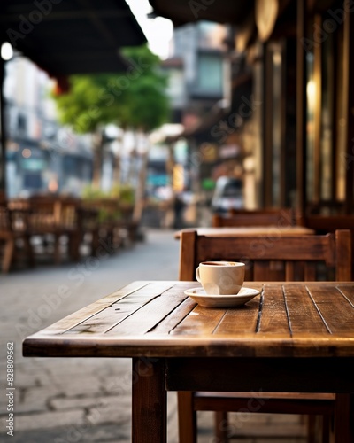 empty wooden table in cozy cafe setting blurred background
