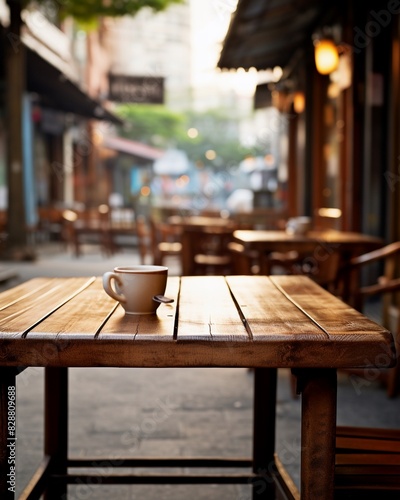 empty wooden table in cozy cafe setting blurred background