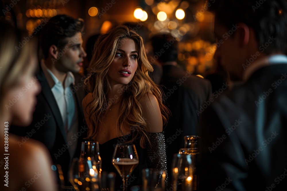 A group of business professionals networking at a cocktail event, with elegant attire and a sophisticated ambiance, captured in the style of Magazine Photography A group of business professionals networking at a cocktail event, with elegant attire and a sophisticated ambiance, captured in the style of Magazine Photography