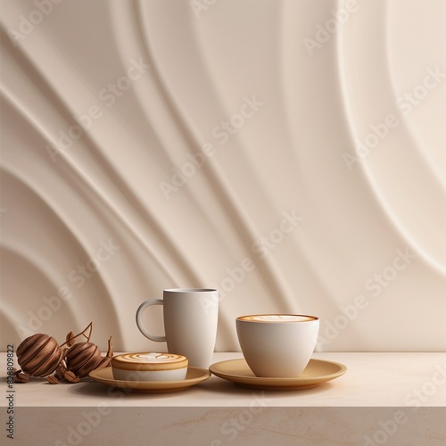 Minimalist Latte Art Coffee Cup on White Table