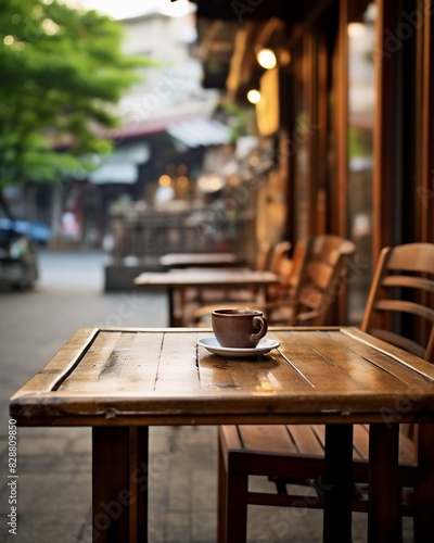 Empty table at outdoor coffee shop with a cup of coffee
