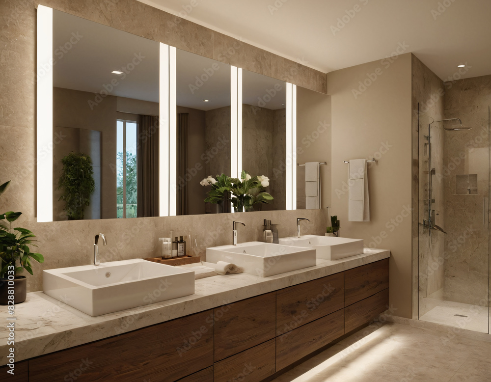 3D render of a luxurious bathroom featuring a spacious vanity area with two sinks and a large mirror. Emphasize elegance, functionality, and tranquility in the design. Incorporate premium materials 3D render of a luxurious bathroom featuring a spacious vanity area with two sinks and a large mirror. Emphasize elegance, functionality, and tranquility in the design. Incorporate premium materials