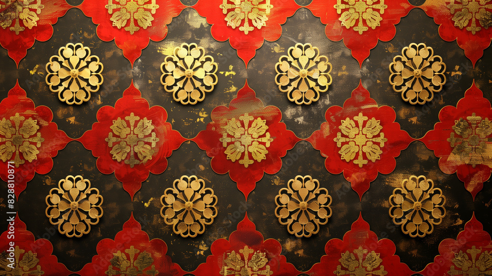 Traditional Japanese crest (mon) patterns in a symmetrical arrangement with gold accents , Background, texture Traditional Japanese crest (mon) patterns in a symmetrical arrangement with gold accents , Background, texture