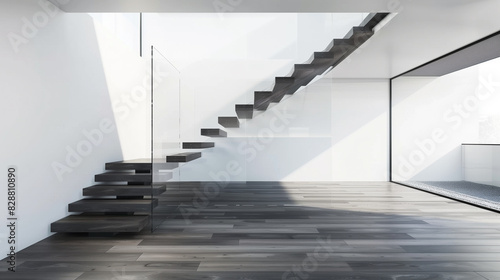 Minimalist Interior with Floating Staircase and Large Windows
