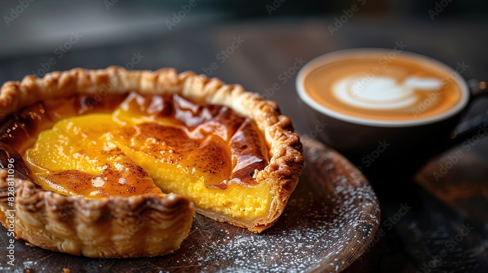 Indulgent Delights: Egg Tart and Cappuccino with Artful Latte Design Indulgent Delights: Egg Tart and Cappuccino with Artful Latte Design