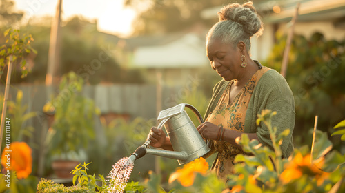 Serene Elderly Woman Watering Garden at Sunset