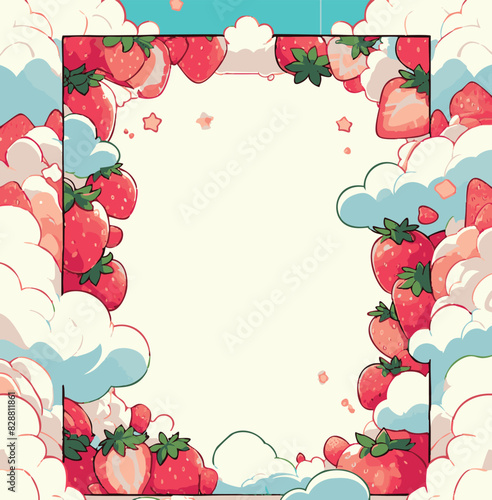 Frame for Text: An Illustration for the Strawberry Festival Featuring Strawberries and Flowers Arranged Around the Edges with a Flirty Girly Theme - Strawberries with Cream in the Clouds for a Playful