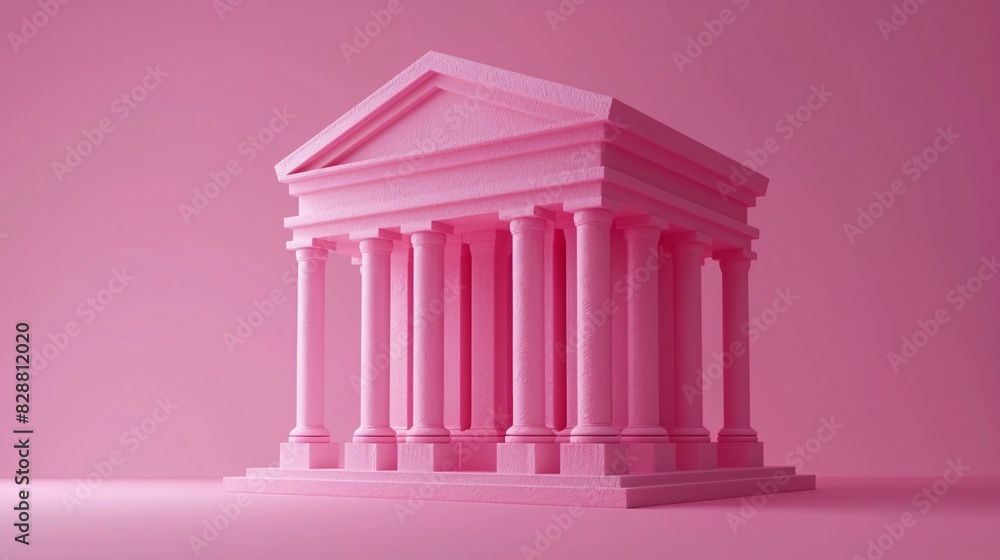 Obraz premium Classical building with columns in monochromatic pink color, depicting ancient architecture in a modern, vibrant style.