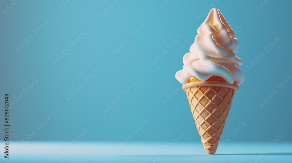Close-up of a creamy soft serve ice cream cone against a blue background. Perfect for summer-themed images or dessert-related content. Close-up of a creamy soft serve ice cream cone against a blue background. Perfect for summer-themed images or dessert-related content.