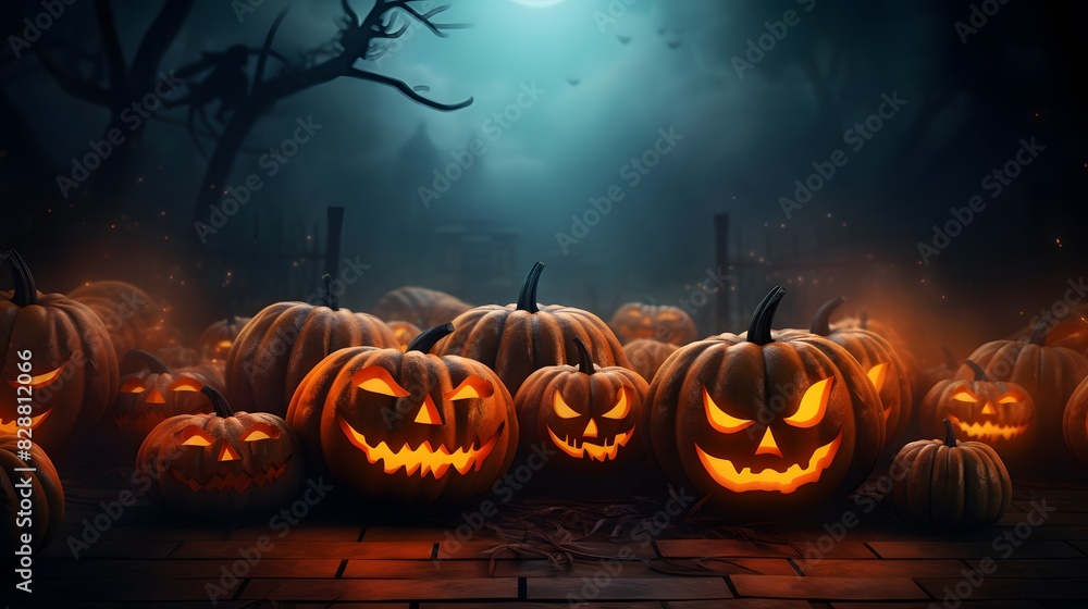 Halloween pumpkins on dark background with copy space. Generative AI. Halloween pumpkins on dark background with copy space. Generative AI.