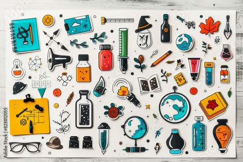 Whimsical collection of science and adventure icons, perfect for childrens educational materials and playful learning