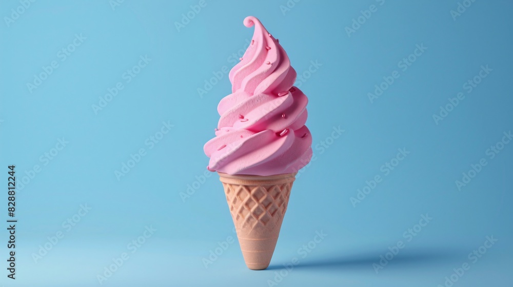 Close-up of a pink soft serve ice cream cone against a blue background. Perfect for summer, dessert, and food-related themes. Close-up of a pink soft serve ice cream cone against a blue background. Perfect for summer, dessert, and food-related themes.