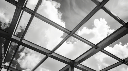 Double exposure of steel framework and cloudy sky, merging architecture and nature.