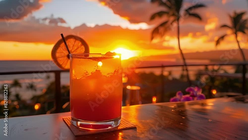 A breathtaking sunset viewed from the rooftop of a Hawaiianinspired bar while enjoying craft cocktails and islandinspired bites. photo