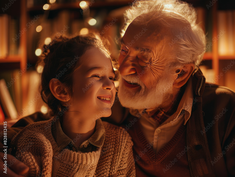 Joyful grandfather and young girl laughing together, warm indoor lighting.
