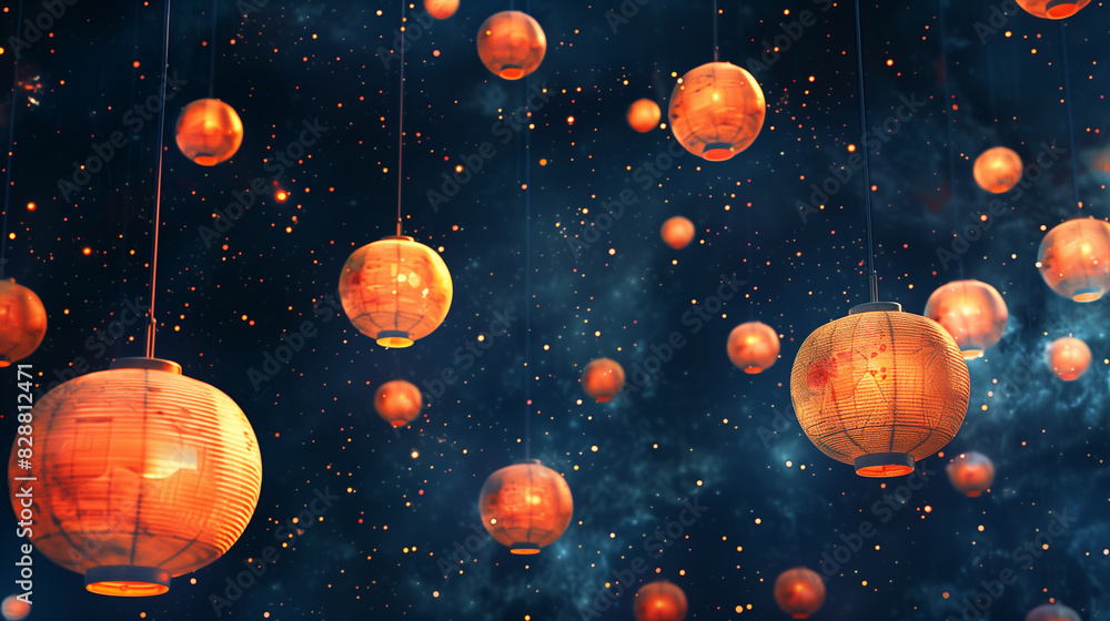 Fototapeta premium Pattern of traditional Japanese lanterns hanging against a dark, starry night sky , Background, texture