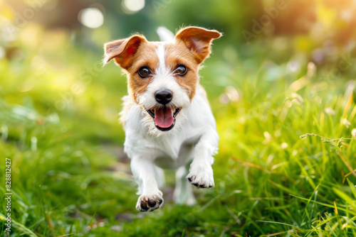 Lively Jack Russell Terrier dashing towards the camera with a joyful expression in a lush green field.