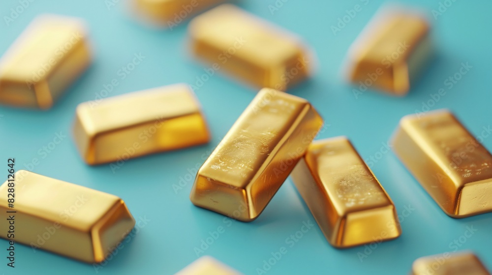 Close-up of multiple shiny gold bars on a blue surface, symbolizing wealth, investment, and luxury, ideal for financial concepts or marketing.