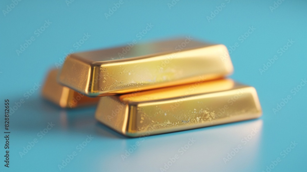 Close-up of three gold bars stacked, shining on a light blue background, representing wealth, investment, and financial security. Close-up of three gold bars stacked, shining on a light blue background, representing wealth, investment, and financial security.
