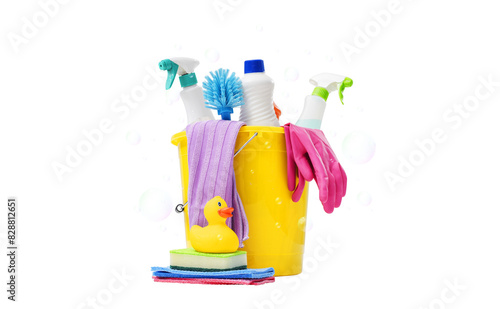 Foto Colorful assorted housecleaning products and accessories