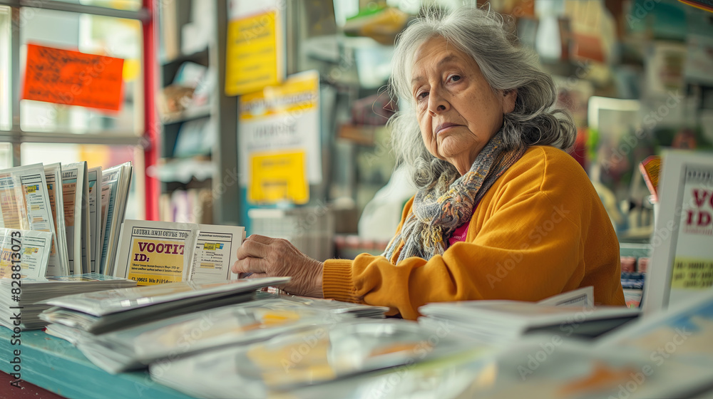 Senior Woman Browsing Through Pamphlets at Information Center Senior Woman Browsing Through Pamphlets at Information Center